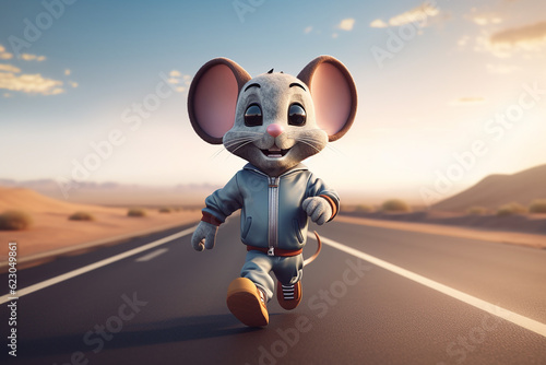 A cute mouse in a futuristic sports outfit is running down the highway, generative ai photo