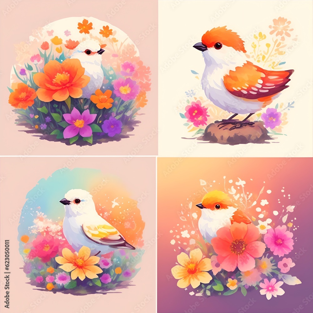 Collection of Bouquet of pink flowers and bird, Vivid colors, Generative AI