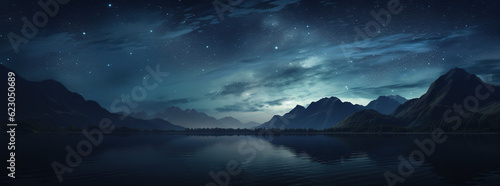 night sky with clouds, lake and stars at night