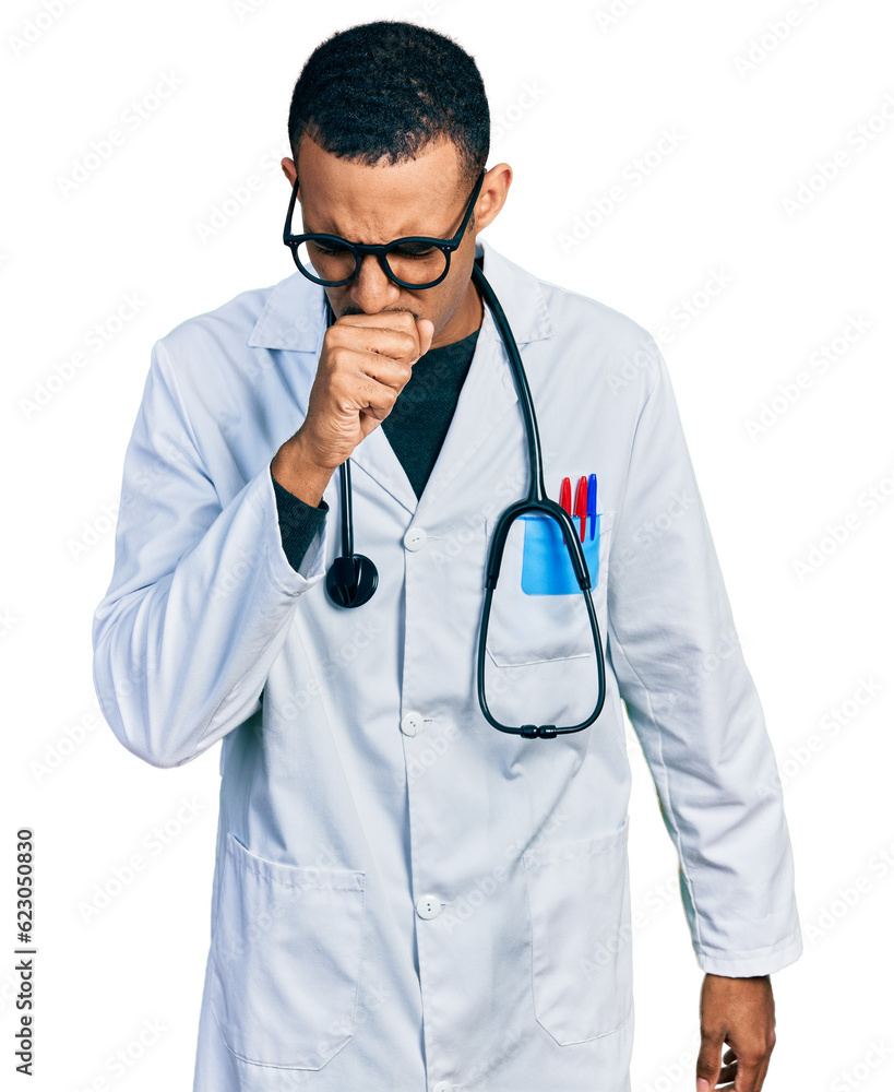 Young african american man wearing doctor uniform and stethoscope feeling unwell and coughing as symptom for cold or bronchitis. health care concept. Young african american man wearing doctor uniform and stethoscope feeling unwell and coughing as symptom for cold or bronchitis. health care concept.