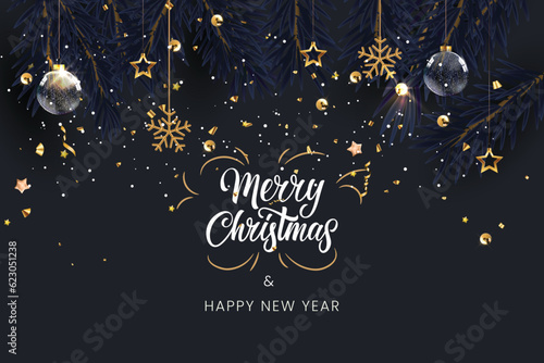 Merry Christmas and Happy New Year banner design on dark background. Ideal for invitation, greeting card, header.