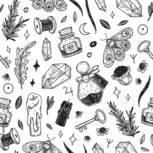 Pattern with magical objects - crystals, leaves, moth, candles, poisons. Graphic vector seamless texture with occult elements. Witchcraft items