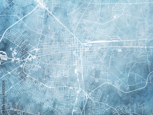 Illustration of a map of the city of  Florence South Carolina in the United States of America with white roads on a icy blue frozen background.