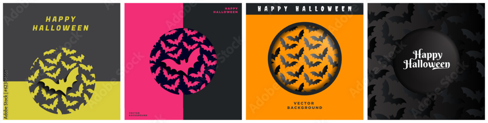 Set of Geometric Halloween Bat themed cover album card templates in dark and orange colors, card poster layouts for Halloween. Bat patterned designs. Editable Vector Illustrations. Set of Geometric Halloween Bat themed cover album card templates in dark and orange colors, card poster layouts for Halloween. Bat patterned designs. Editable Vector Illustrations.