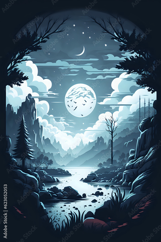 Fototapeta premium Landscape illustration with moon, Sunset