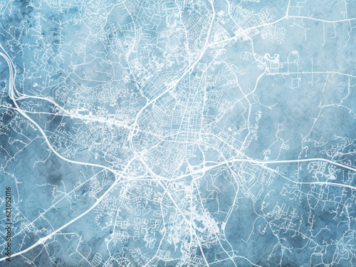 Illustration of a map of the city of Frederick Maryland in the United States of America with white roads on a icy blue frozen background.