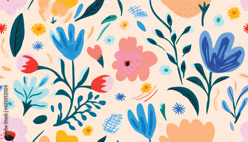 Bright hand drawn simple abstract floral print. Cute collage pattern. Fashionable template for design