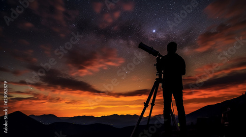 A person immersed in stargazing through a telescope, their silhouette against a vibrant sunset backdrop. Generative AI © alionaprof