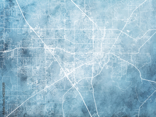 Illustration of a map of the city of  Gainesville Florida in the United States of America with white roads on a icy blue frozen background.