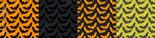 4 Seamless pattern of pop up cartoon flying bats with shadows for perspective on orange, orange yellow, gray, and black backgrounds. Colorful Halloween pattern collection. Vector Illustration. EPS 10.