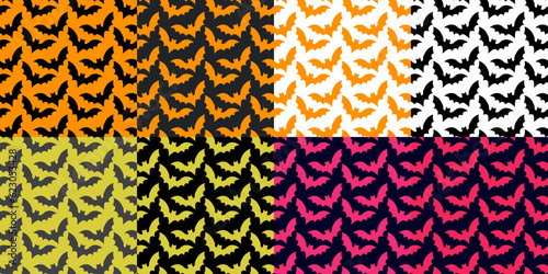 8 seamless and repeating patterns of flying bats on colored backgrounds, orange, red, green, lime, hot pink, white black, gray. Scary Halloween pattern and backdrop. Vector Illustration.