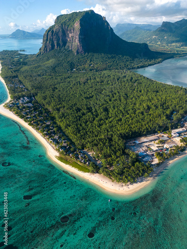 Incredible view of Le Morne mountain in Mauritius. Picture taken from drone