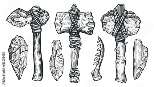 Prehistoric age tools and weapon set. Stone ax of a primitive man. Sketch vector illustration