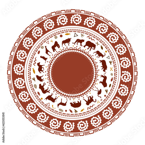 Photography African round frame pattern with animal silhouettes, dark red colors on white background