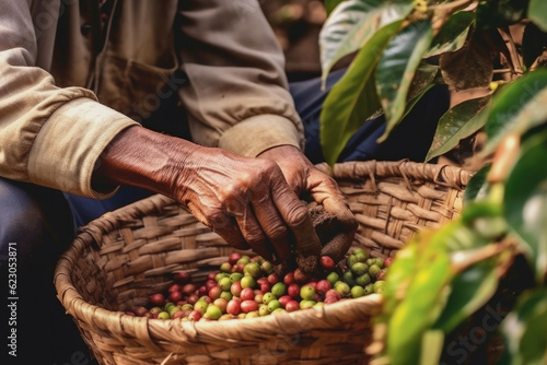 Foto Farmer hands harvesting red coffee beans on plantation