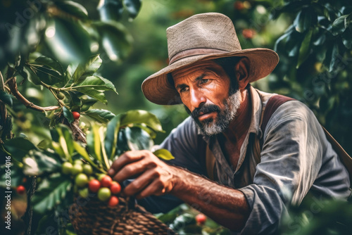 Farmer harvesting red coffee beans on plantation