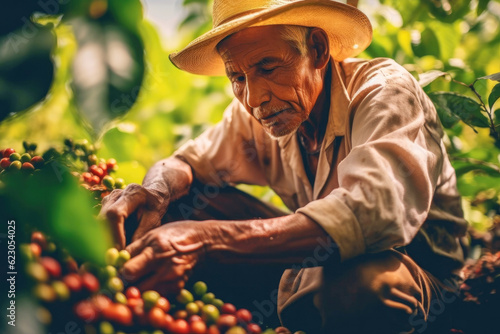 Farmer harvesting red coffee beans on plantation