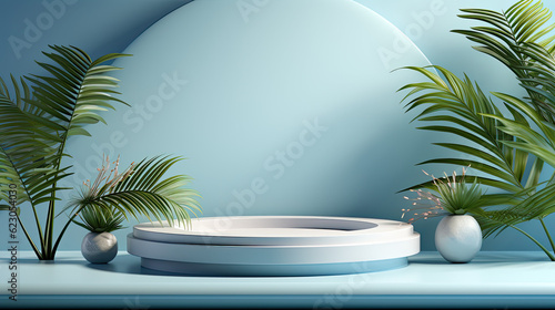 3D podium scene in tropical style, blue colour, tropical plants