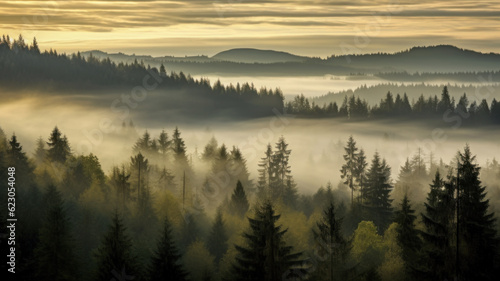 misty morning nature landscape with trees, mountains and fog in the valley