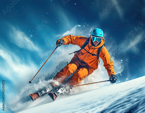 skier on the slope, wearing goggles and backpack