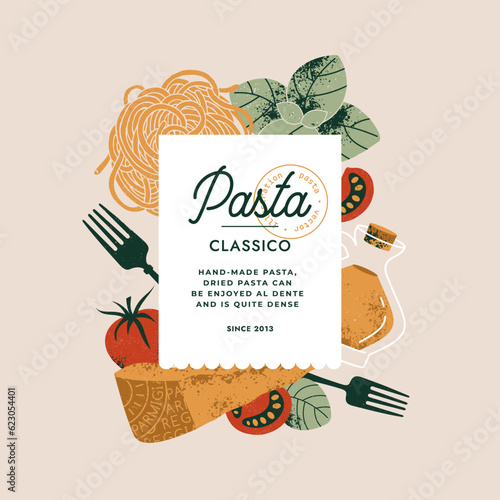 Parmesan and pasta with tomatoes and basil. Textured illustration. Italian food design template. 