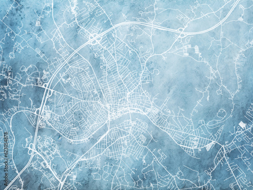 Illustration of a map of the city of Haverhill Massachusetts in the United States of America with white roads on a icy blue frozen background.