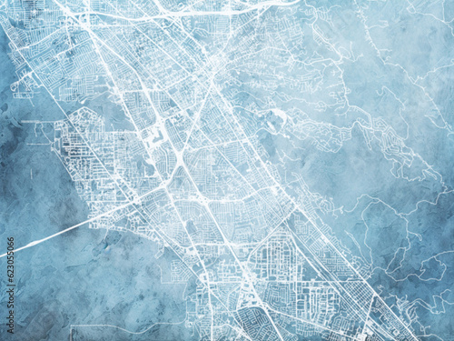 Illustration of a map of the city of Hayward California in the United States of America with white roads on a icy blue frozen background.