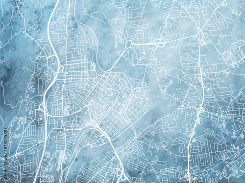 Illustration of a map of the city of  Holyoke Massachusetts in the United States of America with white roads on a icy blue frozen background.