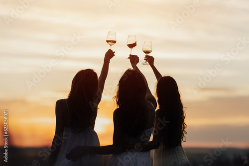 Silhouette of girlfriends enjoying their time together on a picnic at amazing sunset.