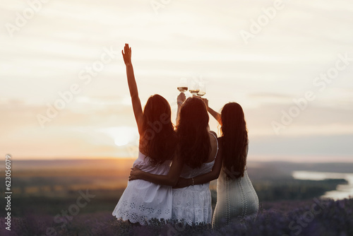 Happy women in the park in evening sunlight. The lights of a sun. The company of female friends enjoys a summer picnic and raise glasses with wine. Copy space.	
