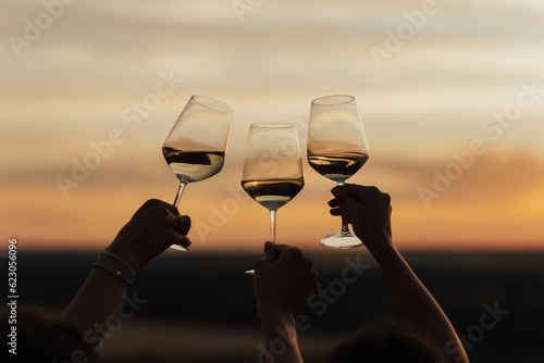 Obraz na płótnie group of girlfriends raise a toast with glasses of white wine on a sunset. Close shot. w salonie