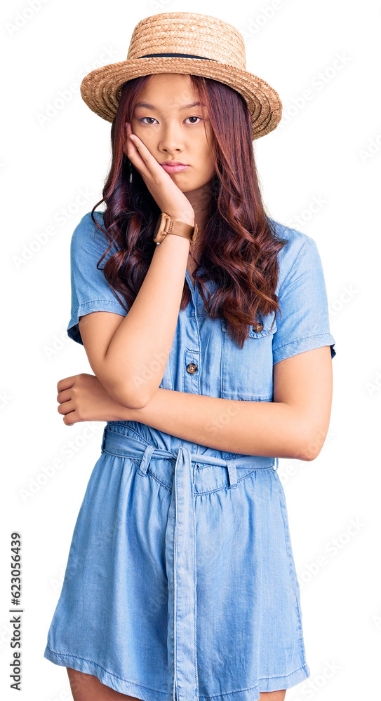 Young beautiful chinese girl wearing summer hat thinking looking tired and bored with depression problems with crossed arms. Young beautiful chinese girl wearing summer hat thinking looking tired and bored with depression problems with crossed arms.