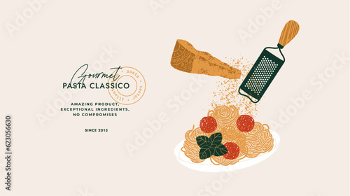 Parmesan cheese with grater and a plate of pasta with meatballs. Italian food horizontal background. 
