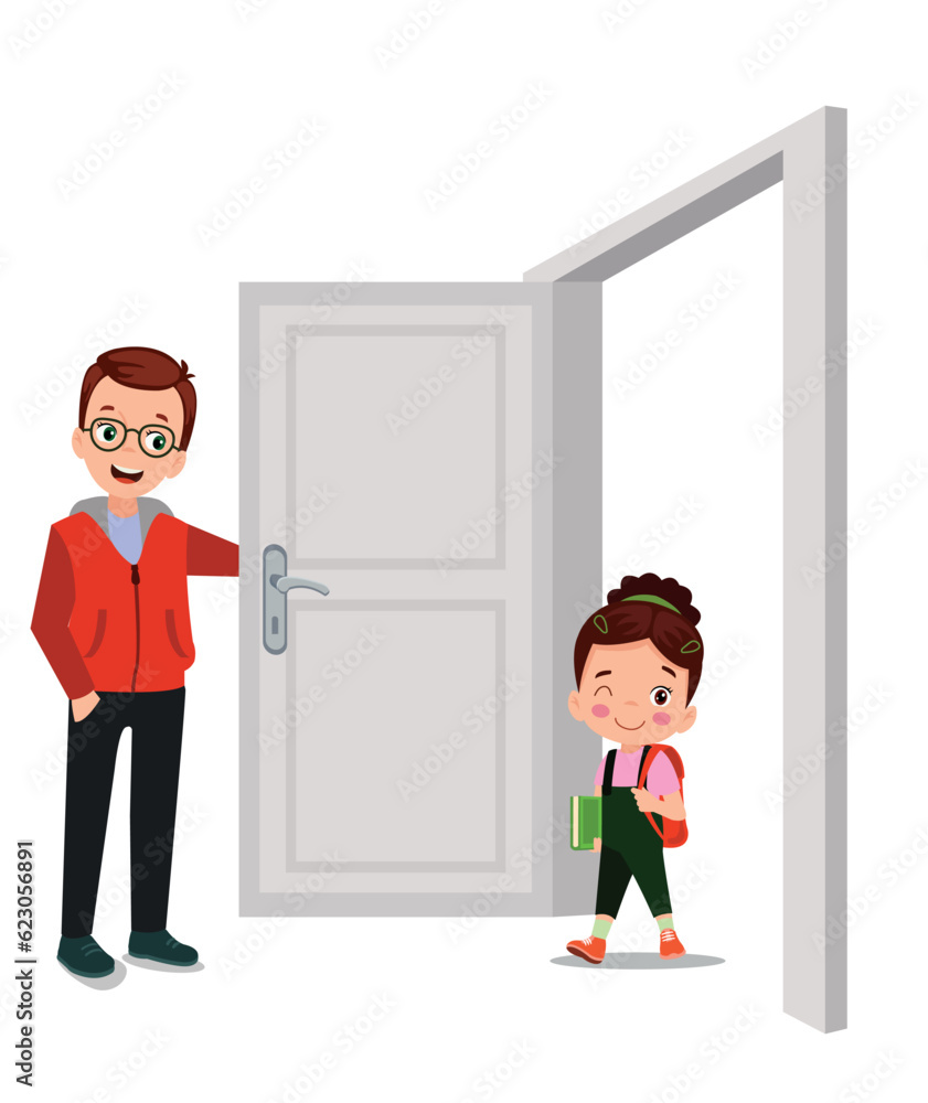 Fototapeta premium little kid standing and holding door knob