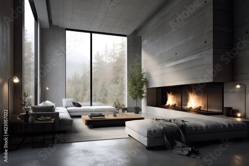 Minimalist nordic style interior design of living room with fireplace and concrete walls © javier