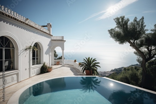 house with a large swimming pool in front of it and sea views