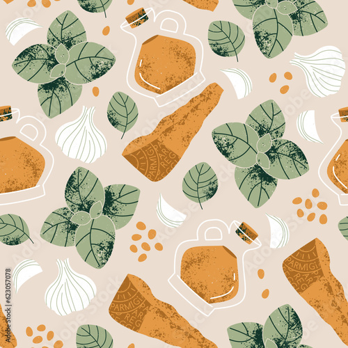 Traditional italian pesto sauce ingredients seamless pattern. Parmesan cheese with basil and garlic. 