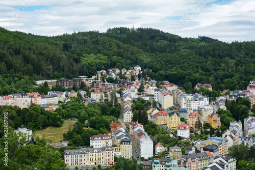 Fototapeta Beautiful colorful buildings in traditional spa town of Karlovy Vary, Czech Republic