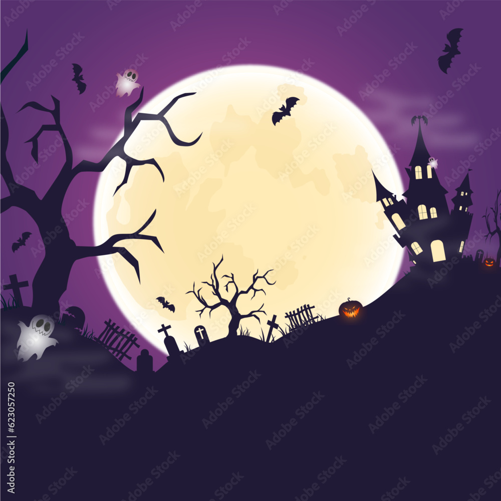 Halloween violet Spooky Nighttime Scene Horizontal with black bat, pumpkins, moon, witch castle, evil tree, graves, ghosts. Happy halloween banner,  party invitation background 