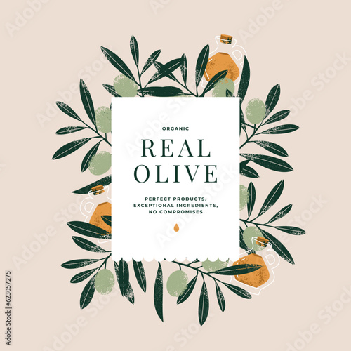 Olive oil design template. Abstract olive leaves and branches. 