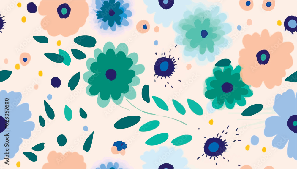 Hand drawn naive abstract flowers print. Cute collage pattern. Fashionable template for design