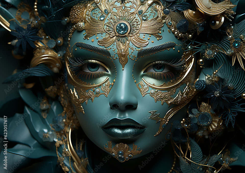 Hübsches Model Gesicht Frau mit aufwendigen edlen asiatischen Kopfschmuck Poster Nahaufnahme, ai generativ