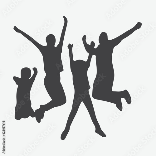 Joyful Moments, Silhouettes of a Delighted Family Jumping Together in Celebration