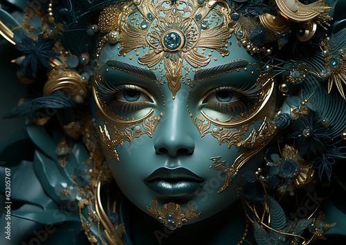 Hübsches Model Gesicht Frau mit aufwendigen edlen asiatischen Kopfschmuck Poster Nahaufnahme, ai generativ