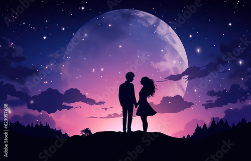 couple lovers holding hands looking at each other under the moon in the night, standing on the top of the hill