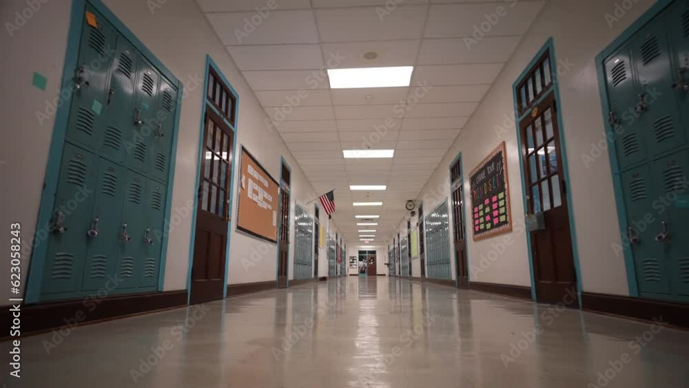Low angle push in down a long empty high school hallway with US American flag with the corridor lined with student lockers. Low angle push in down a long empty high school hallway with US American flag with the corridor lined with student lockers.