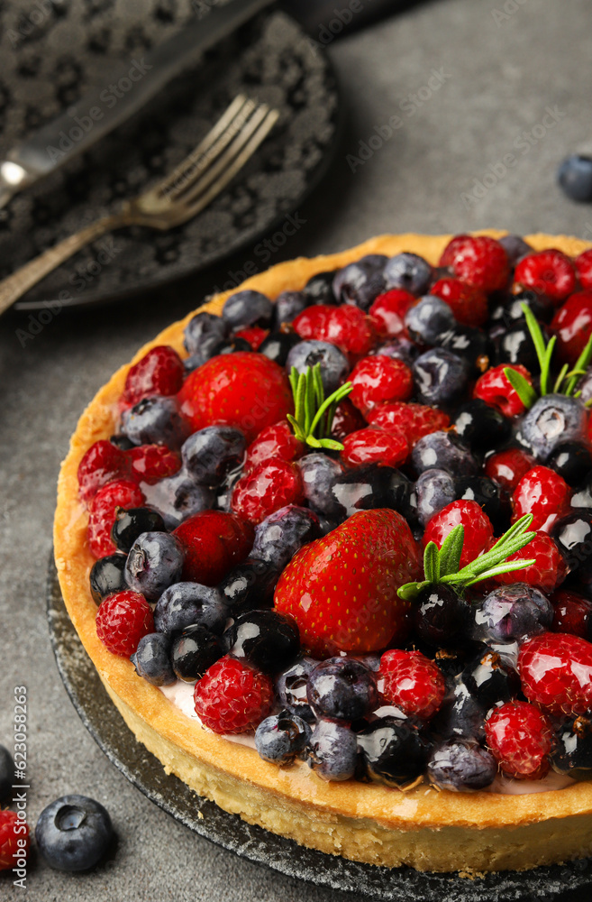 Grated cake with summer fruits. Blueberries, strawberries, raspberries. Macro photo. Grated cake with summer fruits. Blueberries, strawberries, raspberries. Macro photo.