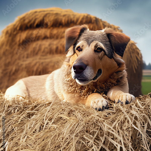 A charming dog lounges on a hay bale, basking in the rustic ambiance. Create with Generative AI technology. (ID: 623058229)