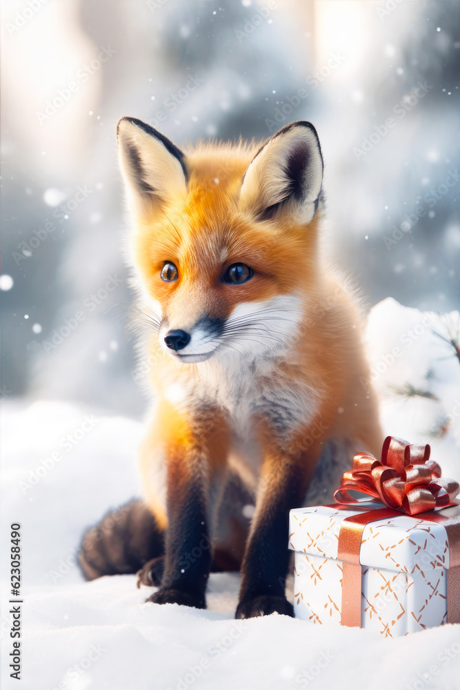 Fototapeta premium Portrait of a fox sitting under snowfall with Christmas gift box. Christmas card with cute fluffy ginger fox cub. Generative AI.