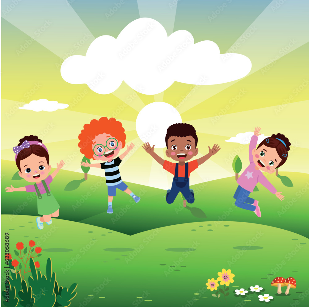Jumping kids. Happy funny children playing and jumping in different action poses education little team vector characters. Illustration of kids and children fun and smile Jumping kids. Happy funny children playing and jumping in different action poses education little team vector characters. Illustration of kids and children fun and smile